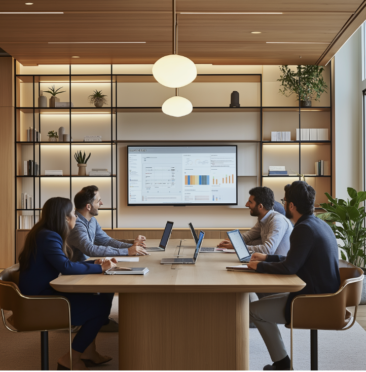 Team collaborating in a modern boardroom