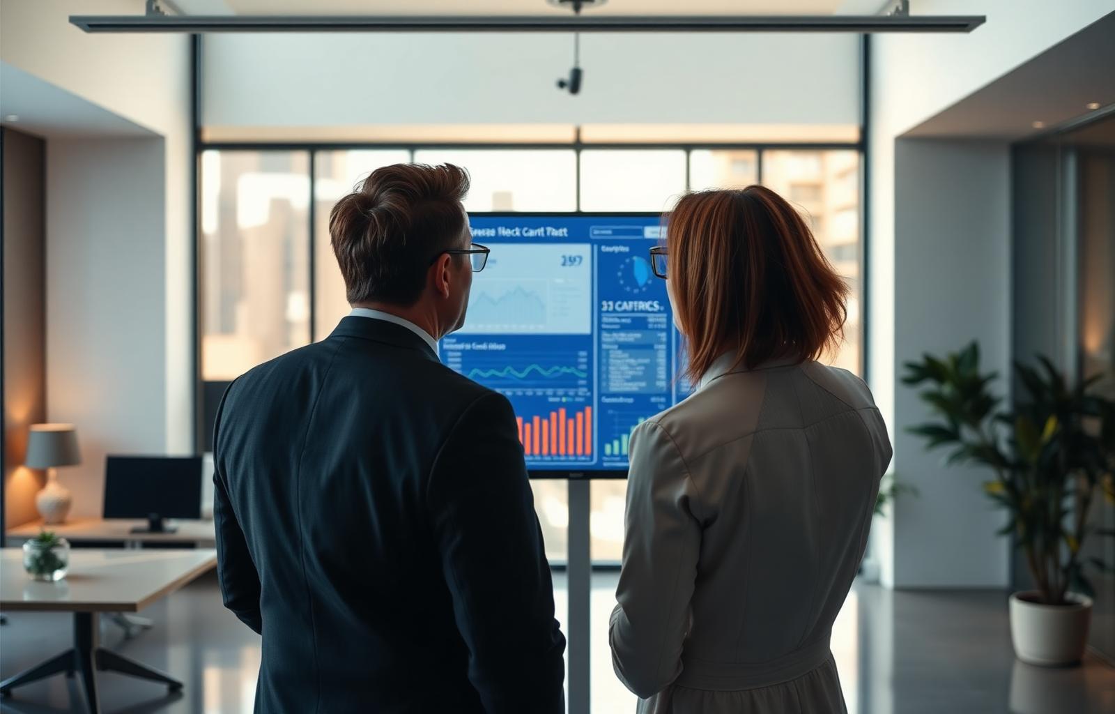 Two professionals analysing SaaS contract dashboards