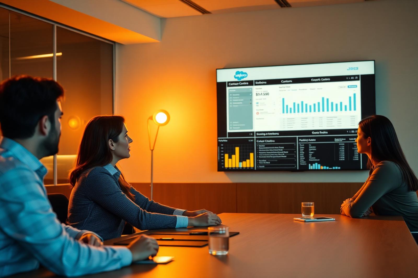Procurement specialists reviewing Salesforce contract analytics